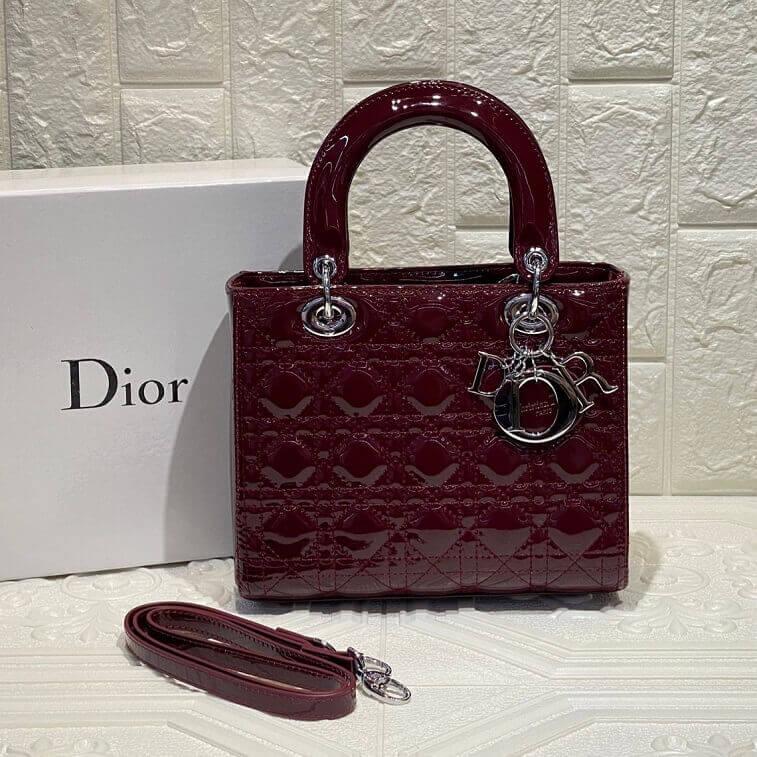 Dior Patent Cannage Medium Lady Dior Bag Maroon in Ajmanshop