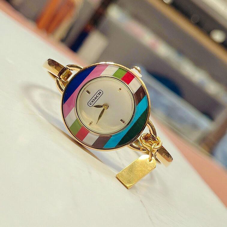 Coach Phoebe Quartz Multicolor Bezel Gold Bangle Watch - AjmanShop