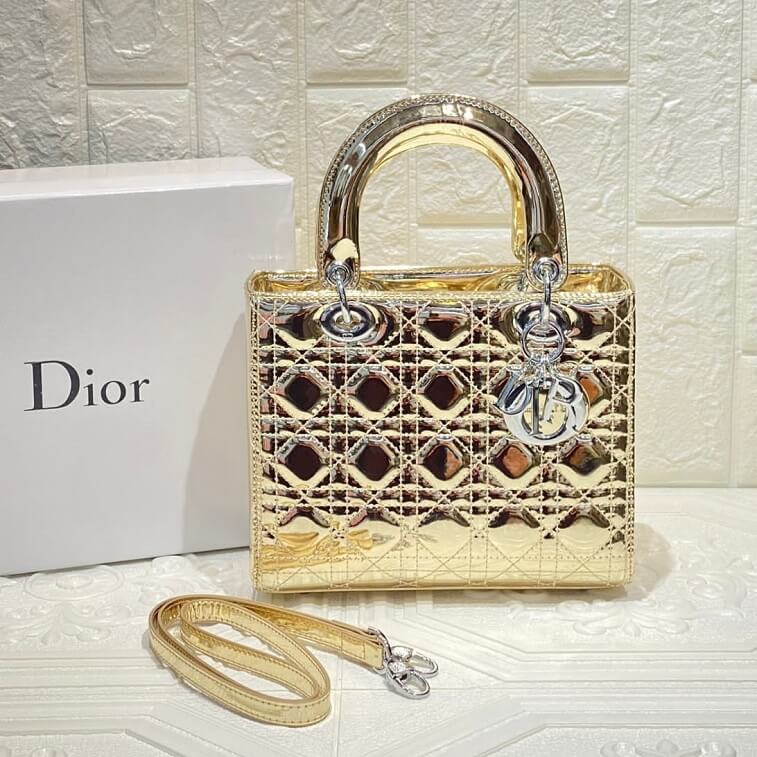 Dior Patent Cannage Medium Lady Dior Bag Golden- Ajmanshop