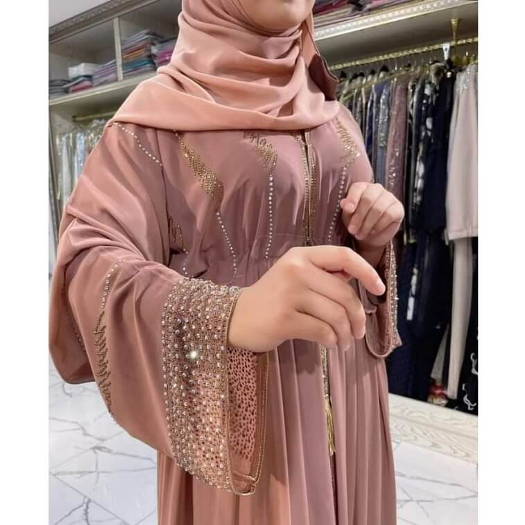 Peach Stone Work Abaya - AjmanShop