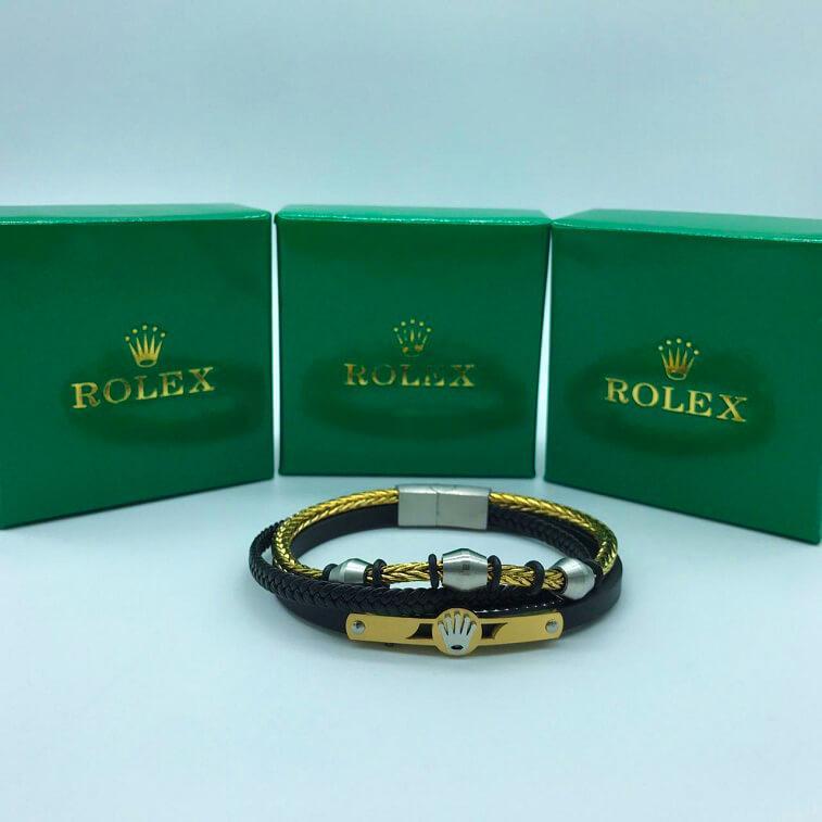 Rolex Bracelet Leather Chain Combination With Stainless Steel Unisex Jewelry BlackGold Silver - AjmanShop