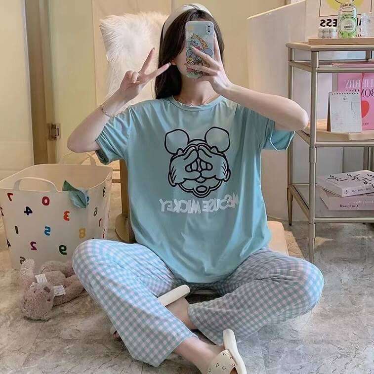 Womens Cartoons Terno Sleepwear Short Sleeve Tshirt Pants 2Pcs Sets AJmanshop