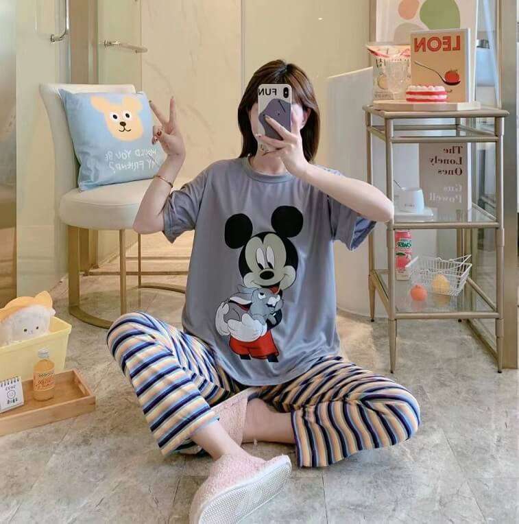 Womens Cartoons Terno Sleepwear Short Sleeve Tshirt Pants 2Pcs Sets - AjmanShop