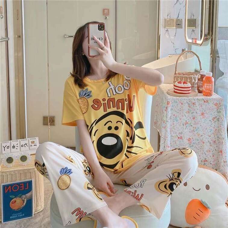 Womens Cartoons Terno Sleepwear Short Sleeve Tshirt Pants 2Pcs Sets - AjmanShop