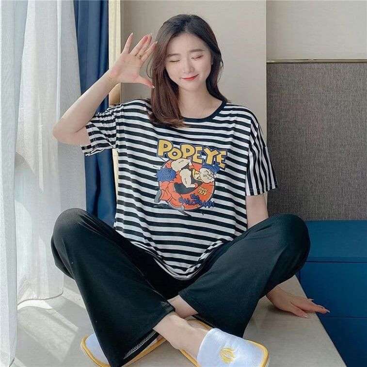 Womens Cartoons Terno Sleepwear Short Sleeve Tshirt Pants 2Pcs Sets - AjmanShop