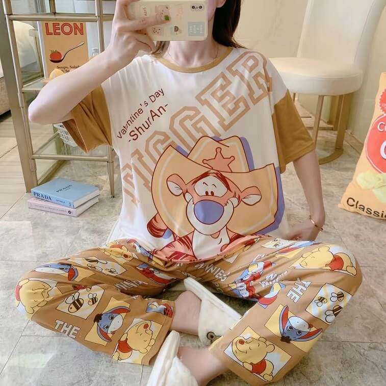 Womens Cartoons Terno Sleepwear Short Sleeve Tshirt Pants 2Pcs Sets - AjmanShop