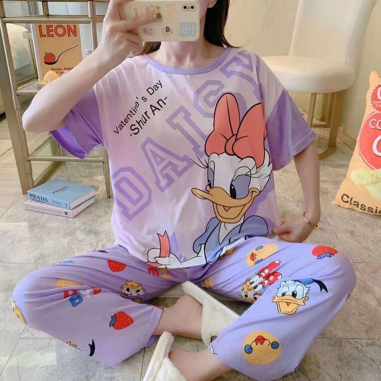 Womens Cartoons Terno Sleepwear Short Sleeve Tshirt Pants 2Pcs Sets - AjmanShop