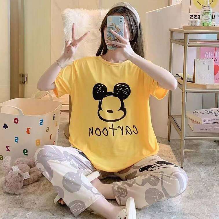 Womens Cartoons Terno Sleepwear Short Sleeve Tshirt Pants 2Pcs Sets - AjmanShop