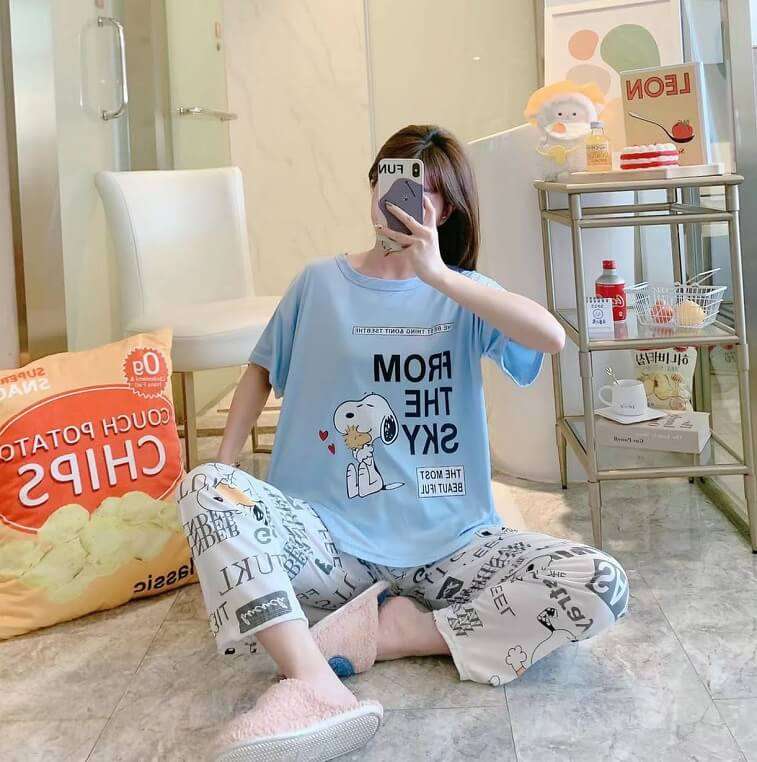 Womens Cartoons Terno Sleepwear Short Sleeve Tshirt Pants 2Pcs Sets Ajmanshop Dubai 1