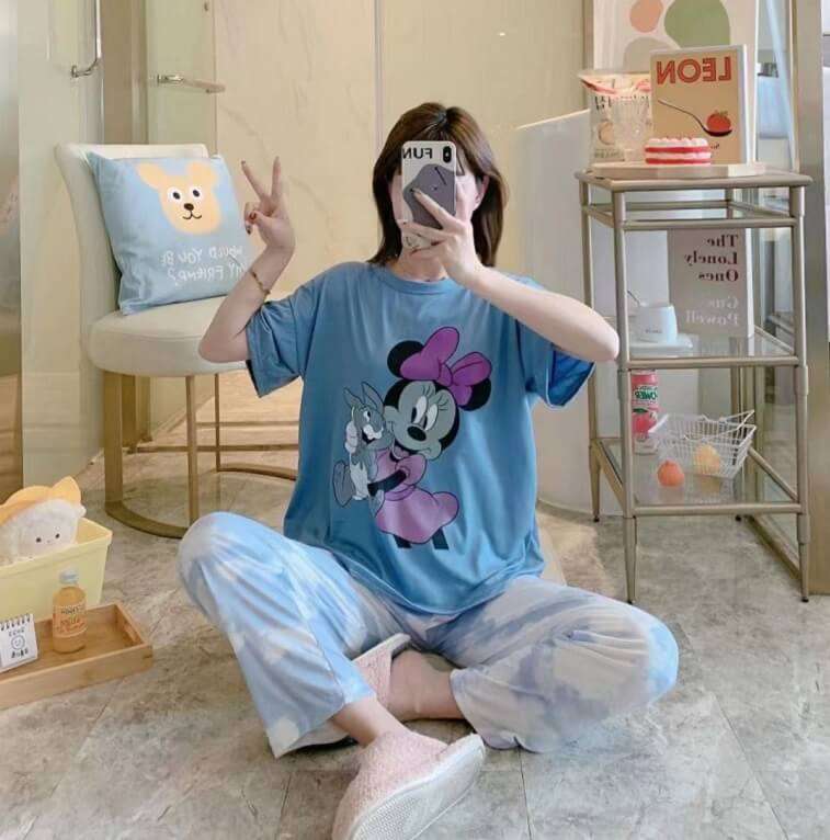 Womens Cartoons Terno Sleepwear Short Sleeve Tshirt Pants 2Pcs Sets - AjmanShop