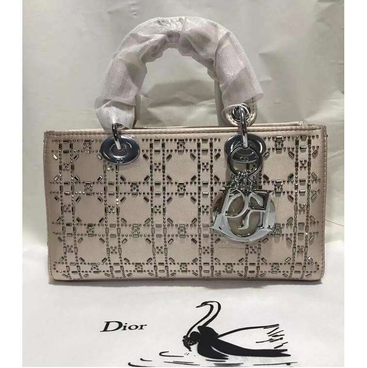 Lady Dior Beige Bag Leather Studded with Stone- AjmanShop