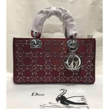 Lady Dior Maroon Bag Leather Studded with Stone- AjmanShop