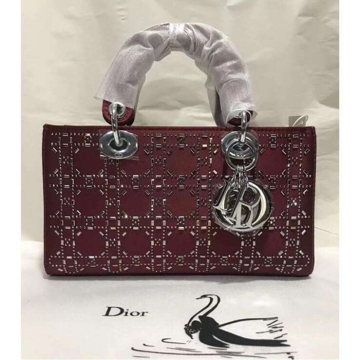 Lady Dior Maroon Bag Leather Studded with Stone- AjmanShop
