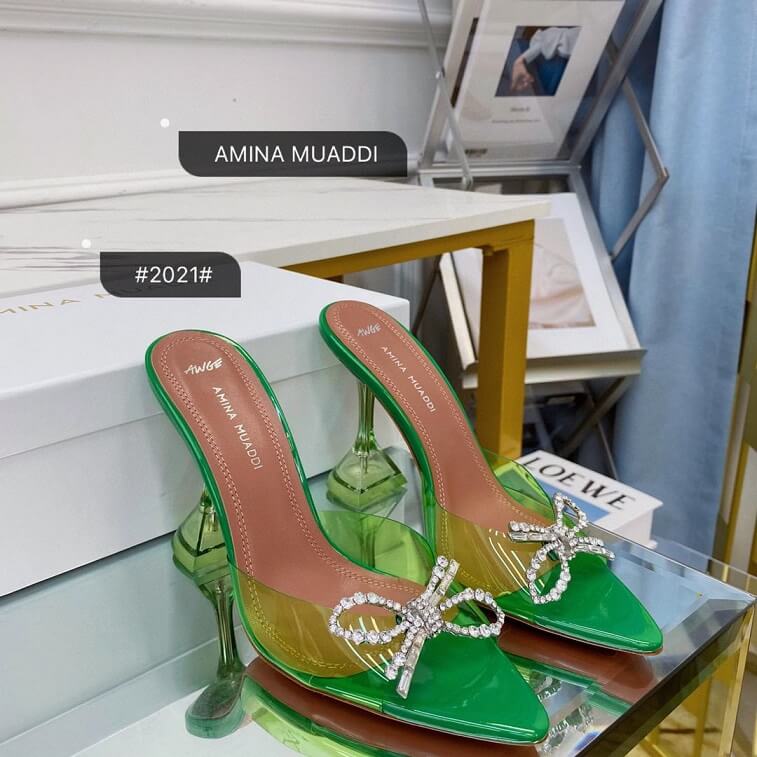 Green Pump Shoe by Amina Muaddi Crystal Mules in AjmanShop