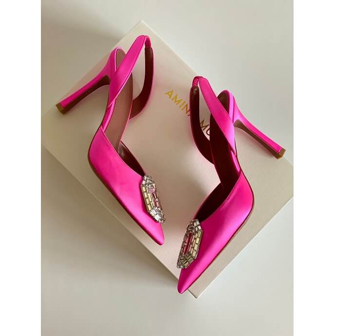 Pink Camelia Heels by Amina Muaddi Slingback Pumps in AjmanShop 