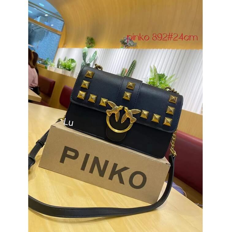 Pinko Black Bag with Logo Plaque Leather Shoulder Bag in AjmanShop