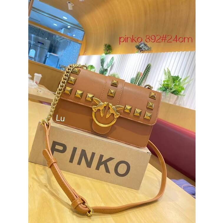 Pinko Brown Bag with Logo Plaque Leather Bag