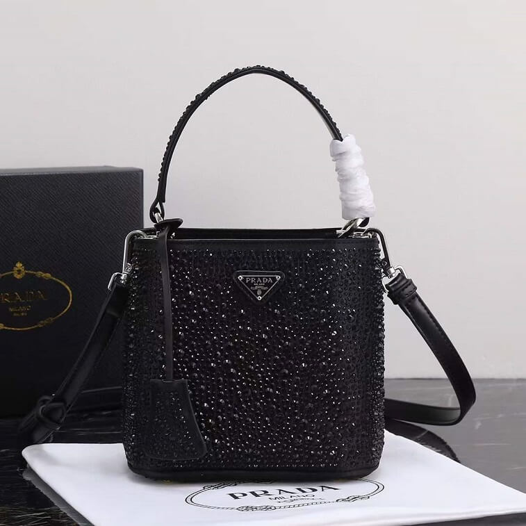 Prada Black Bucket Bag Metal Sequins with Logo- AjmanShop