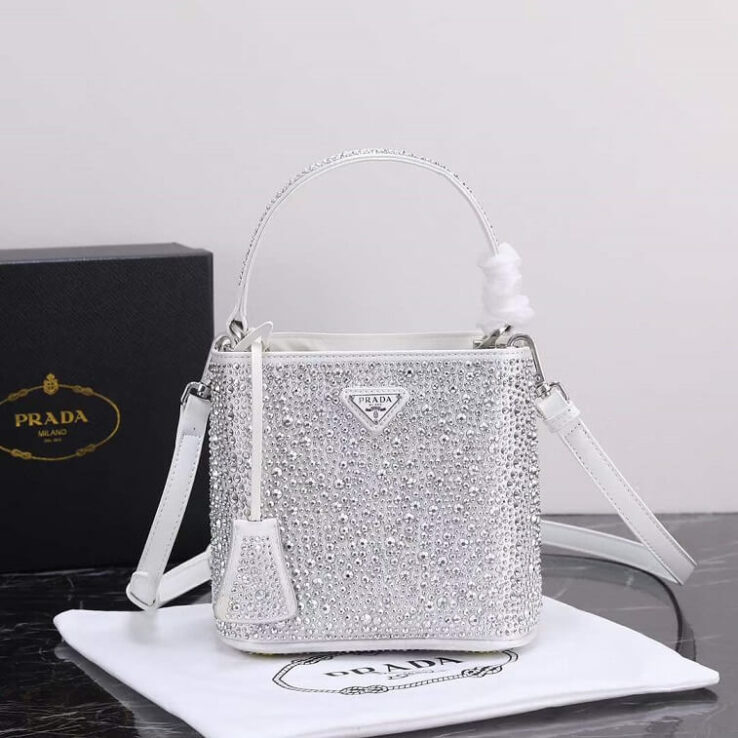 Prada Bucket Bag White Metal Sequins with Logo- AjmanShop