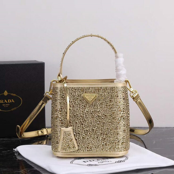 Prada Bucket Gold Bag Metal Sequins with Logo- AjmanShop