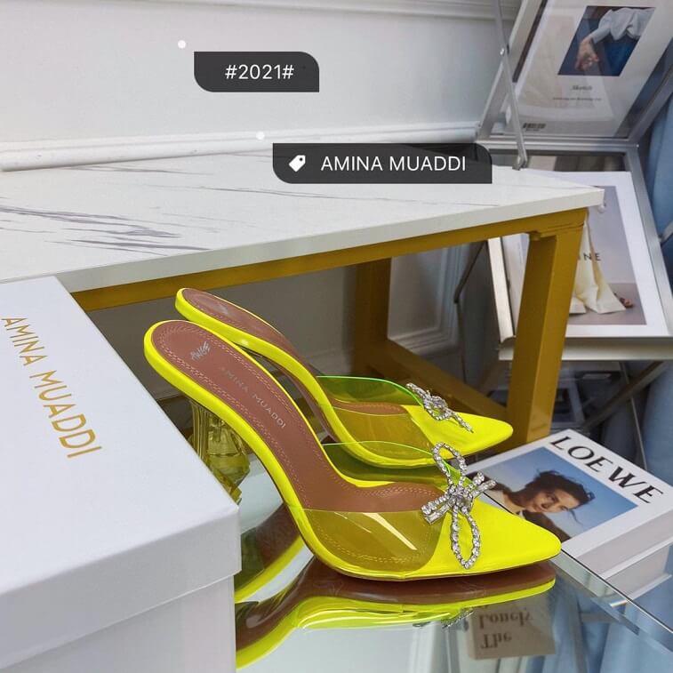 Yellow Pump Shoe by Amina Muaddi Crystal Mules in AjmanShop