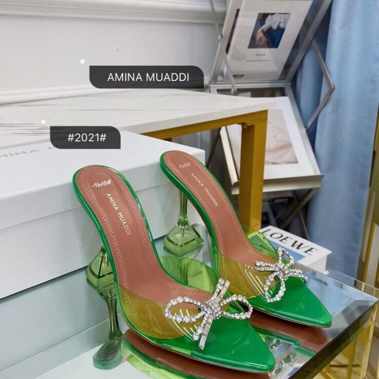 Green Pump Shoe by Amina Muaddi Crystal Mules- AjmanShop