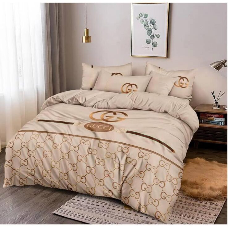 Gucci Beige Bedsheet 6pcs Set Cotton Material- AjmanShop