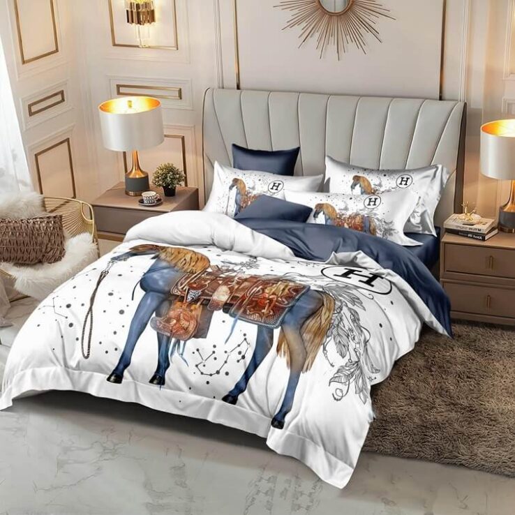 Hermes Logo Bedsheet 6pcs Set Cotton Material- AjmanShop