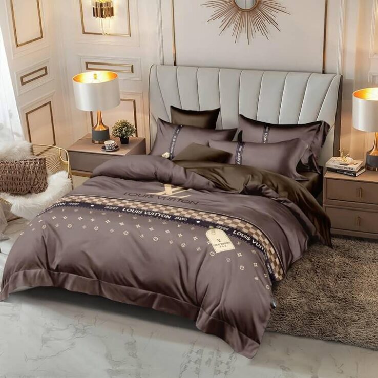 LV Coffee Bedsheet 6pcs Set Cotton Material- AjmanShop