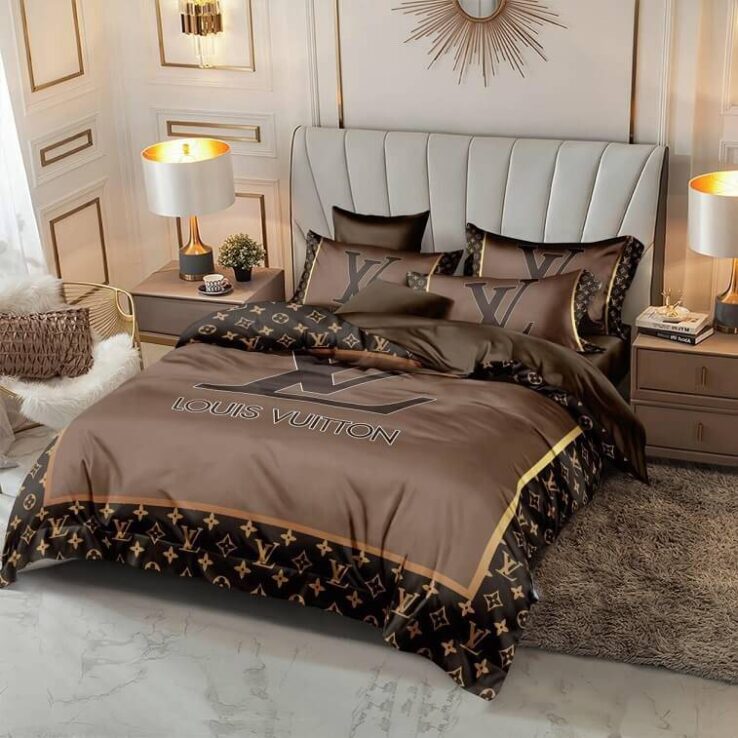 LV Logo Bedsheet 6pcs Set Cotton Material- AjmanShop