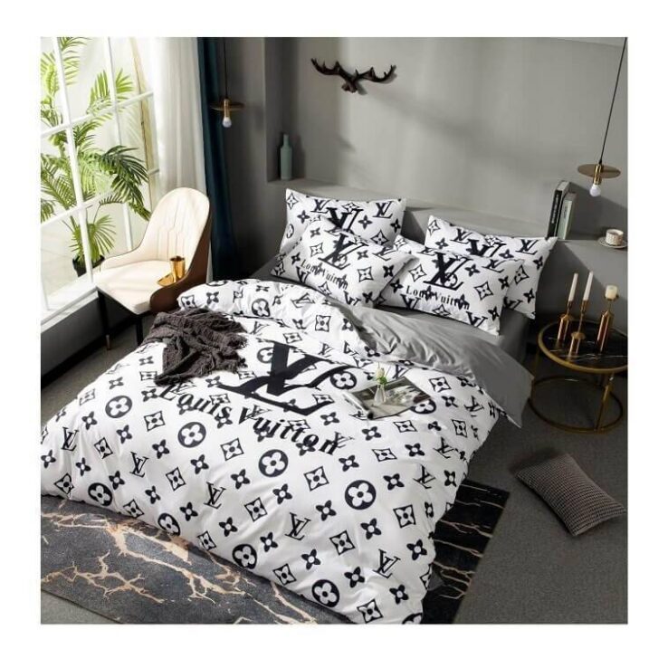 LV White Bedsheet 6pcs Set Cotton Material- AjmanShop