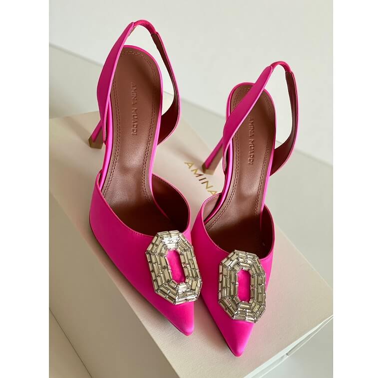 Pink Camelia Heels by Amina Muaddi Slingback Pumps- AjmanShop