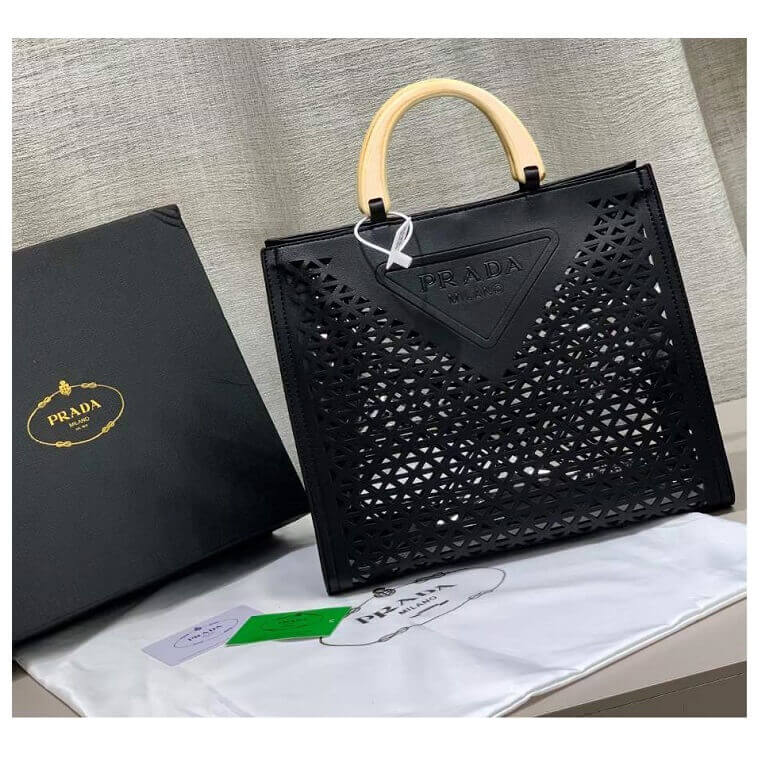 Prada Tote Black Bag with Wood Cut Logo- AjmanShop