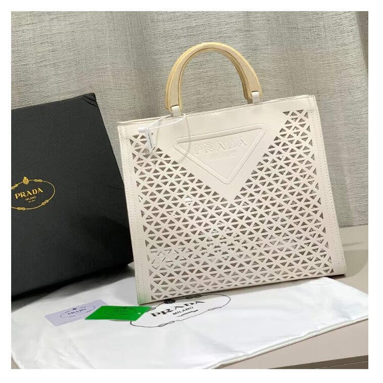 Prada Tote White Bag with Wood Cut Logo- Ajmanshop