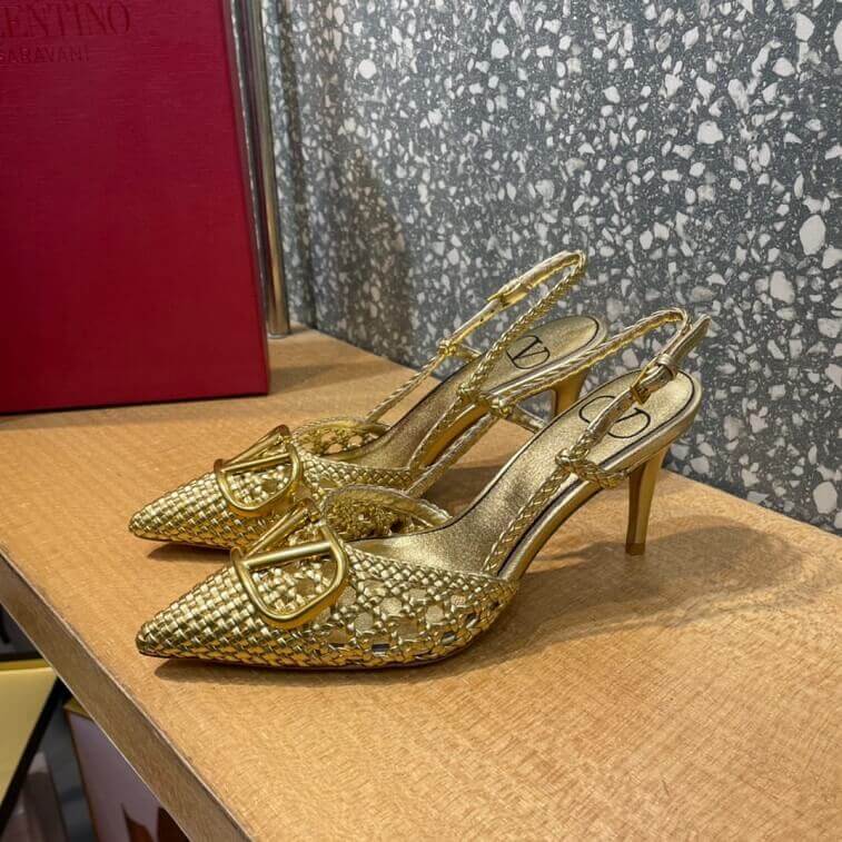 Valentino Signature Pump Gold VLogo Slingback- AjmanShop