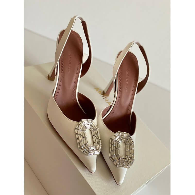 White Camelia Heels by Amina Muaddi Slingback Pumps- AjmanShop