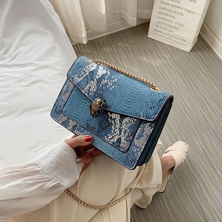 Blue Women Clutch with Snake Python Skin Handbag - AjmanShop