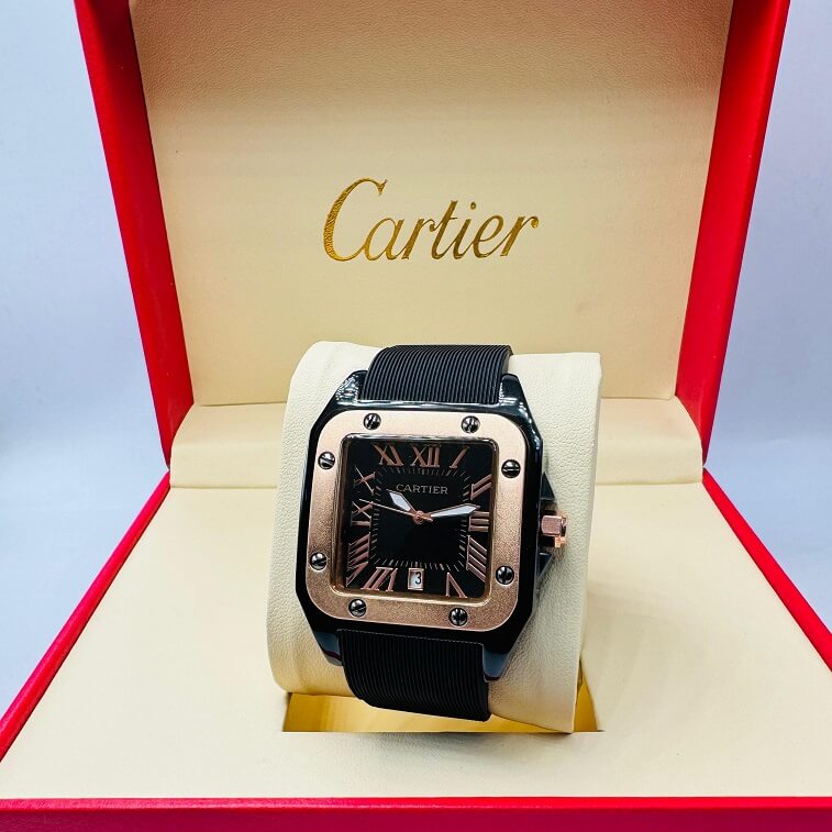 Cartier Leather Men Watch, Black-Gold - AjmanShop