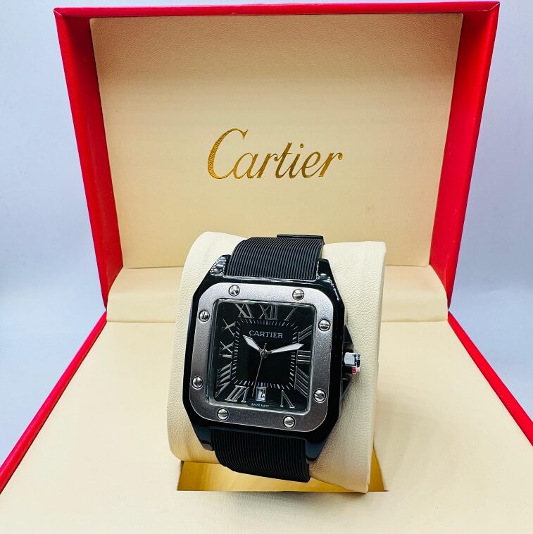 Cartier Leather Men Watch, Black-Silver - AjmanShop