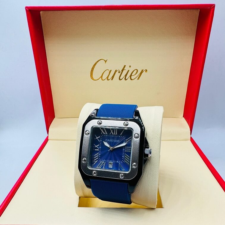 Cartier Leather Men Watch, Blue-Silver - AjmanShop