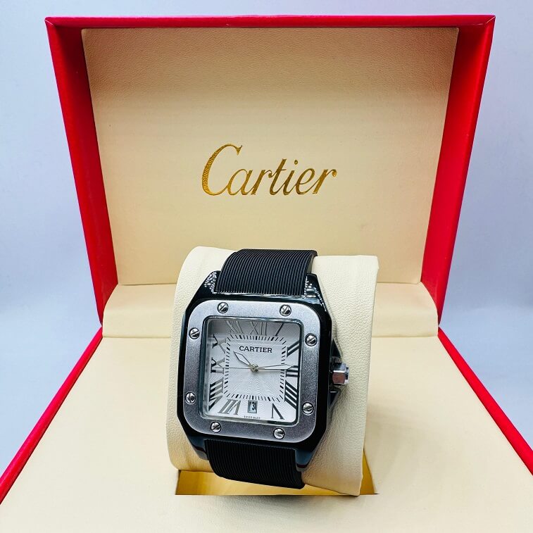 Cartier Leather Men Watch, Silver - AjmanShop