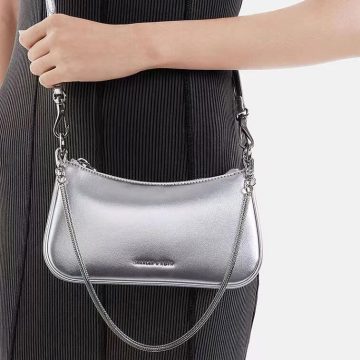 Charles & Keith Bag in Metallic Curved Shoulder Bag Silver - AjmanShop