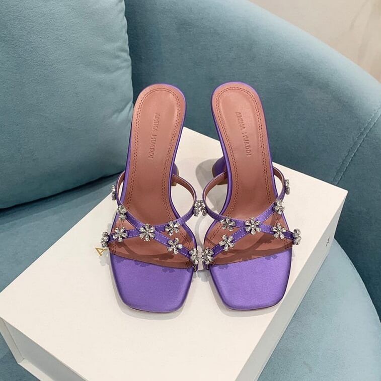 Flower Stone Heels For Women by Amina Muaddi, Purple - AjmanShop