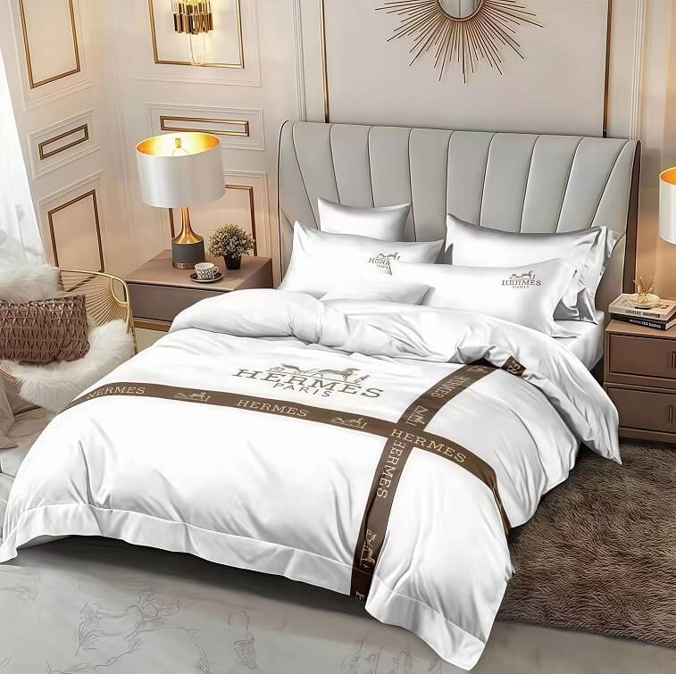 Hermes Bedsheet 6pcs Set, White Gray - AjmanShop