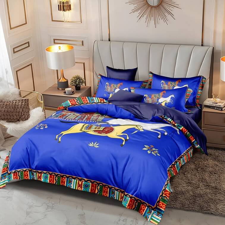 Hermes Bedsheet, Blue Signature - AjmanShop