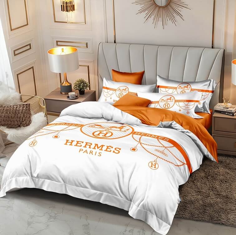 Hermes Bedsheet, White Orange - AjmanShop