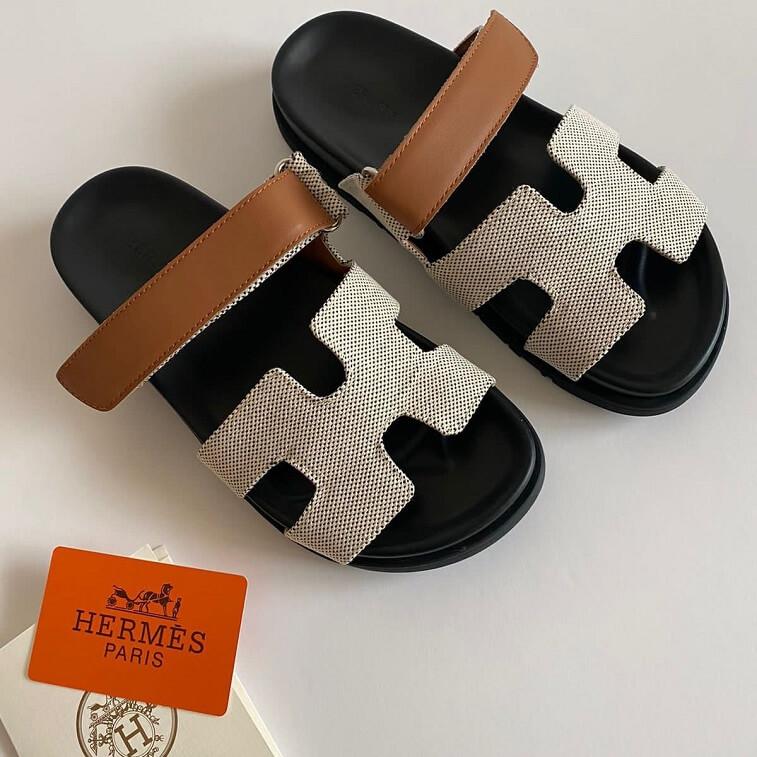 Hermes Chypre Women Sandals Brown, White - AjmanShop