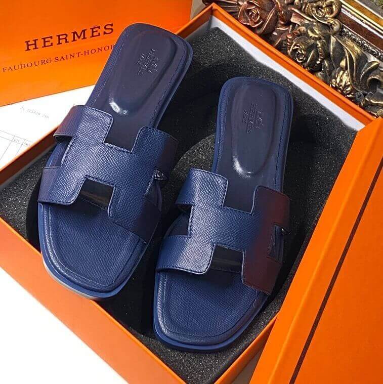 Hermes Leather Flat Slipper, Navy Blue - AjmanShop