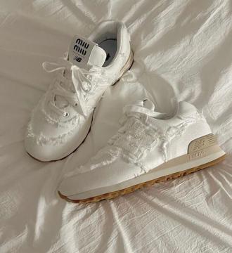 Miu Miu Denim Sneakers By New Balance Shoes, White- Ajmanshop