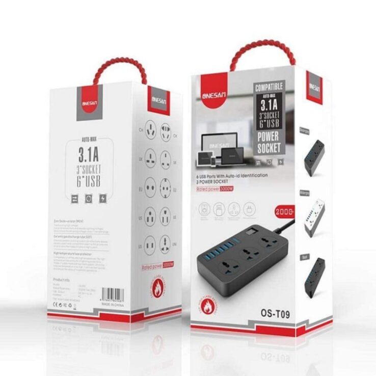 Onesam Universal Power Plug 3 Power Socket 6 USB Port - AjmanShop